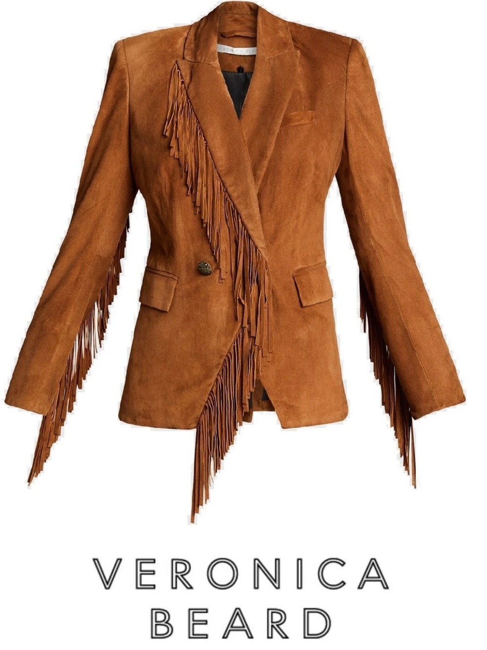 $1998 Veronica Beard Cognac Suede Fringe Pali Dickey jacket blazer